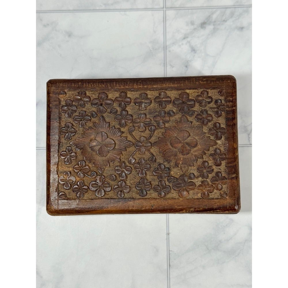 Vintage 1995 Hand Carved Wooden Trinket Box Floral Made in India Boho Decor